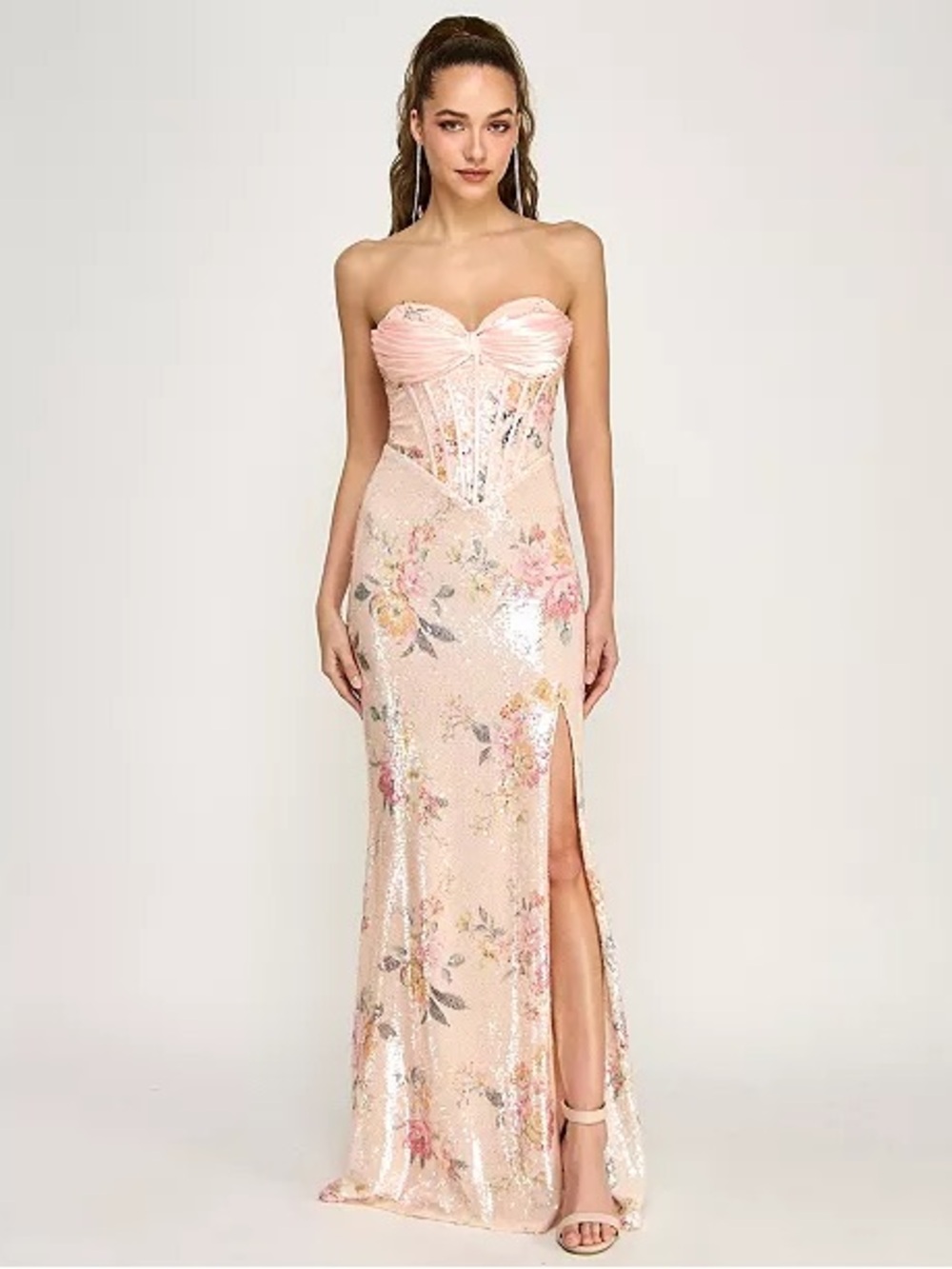 B. Darlin Juniors' Blush Pink Floral Sequin Gown Prom Dress